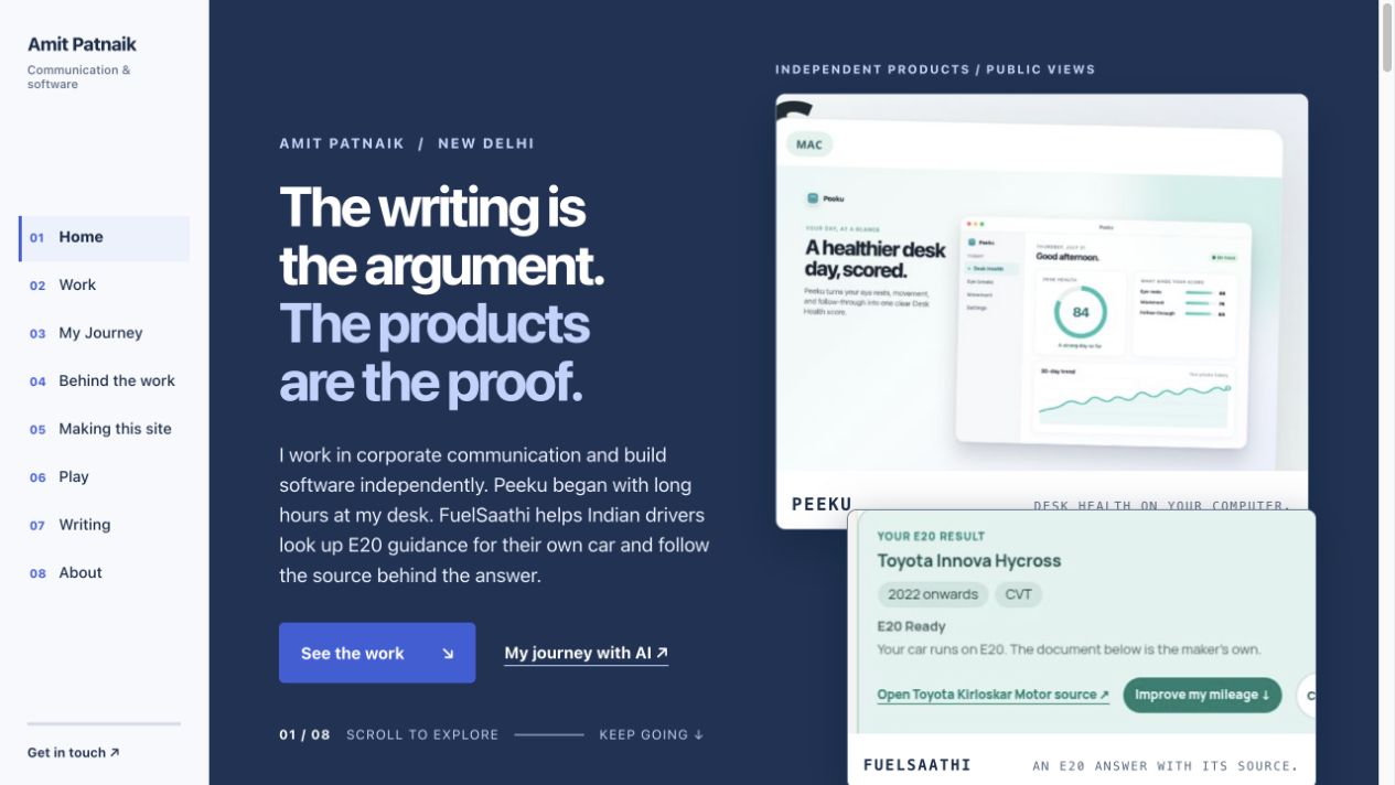 Blue homepage draft with a left chapter rail and overlapping product views