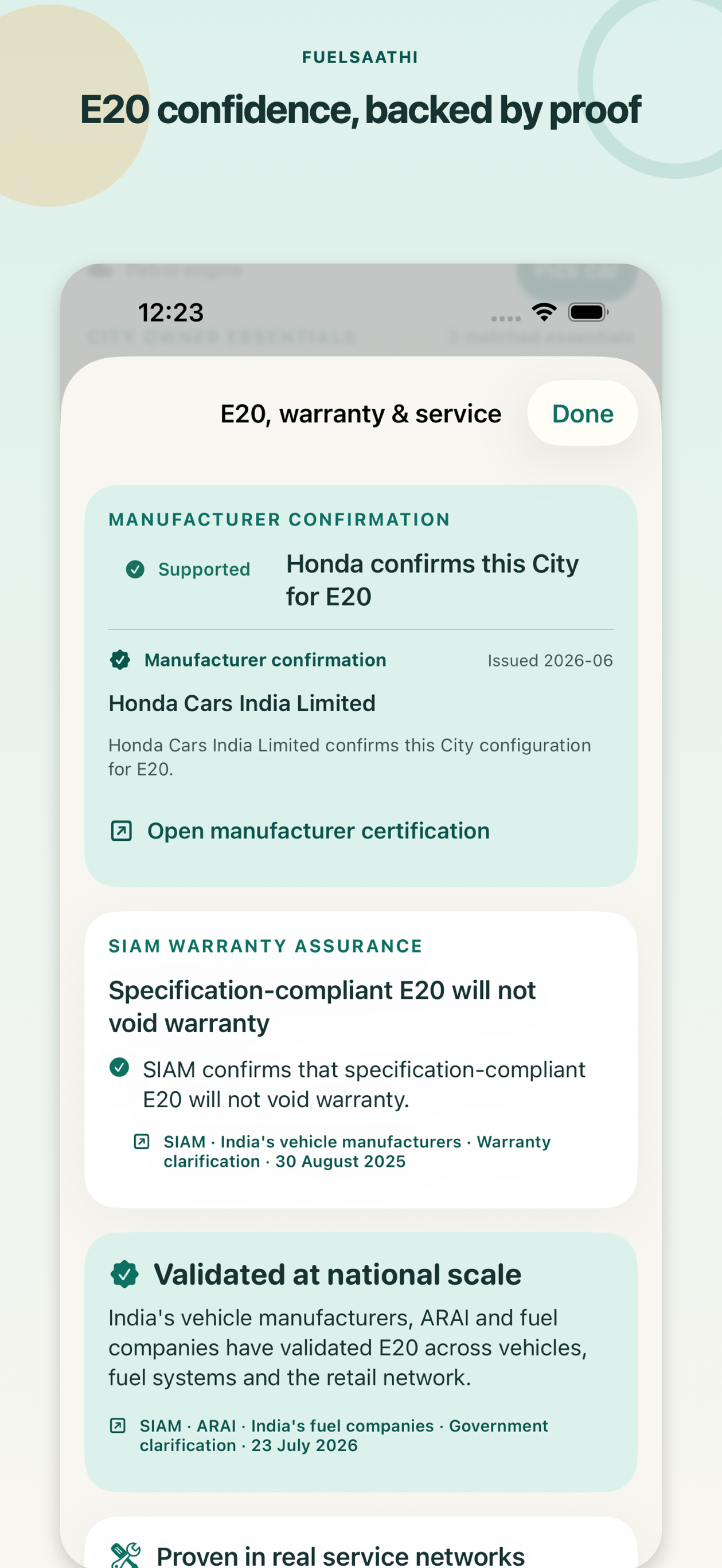 FuelSaathi for iPhone showing an E20 result and manufacturer source
